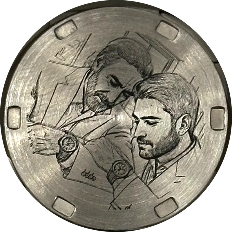 Engraved caseback with a portrait of a father and son